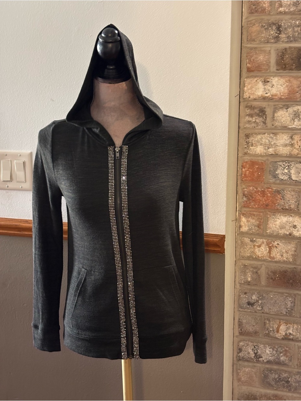 Juicy Couture Black Hooded Zip Sweatshirt with Rhinestone Trim